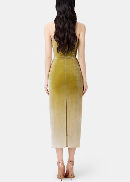 Slim Fit Gradient Color Wrinkled Side Open Silk Velvet Spaghetti Strap Dress Sleeveless
