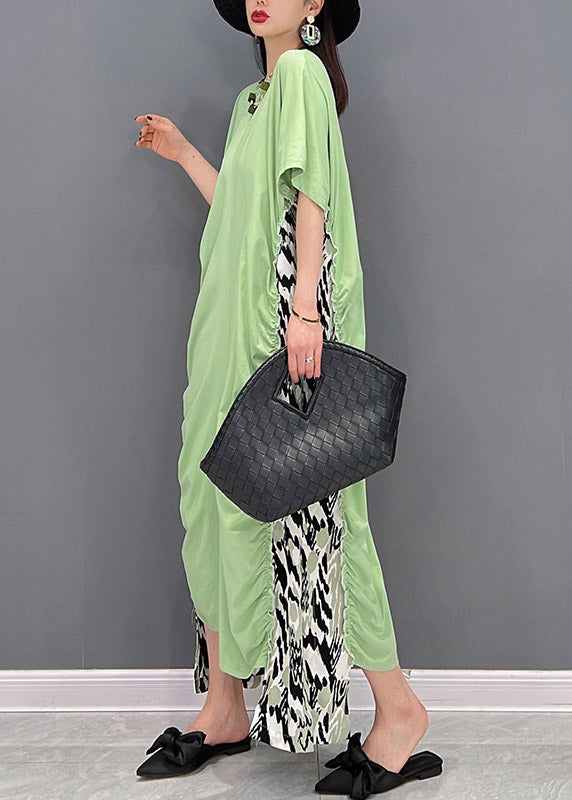 Slim Fit Green O-neck Asymmetrical Patchwork Wrinkled Chiffon Dress Short Sleeve