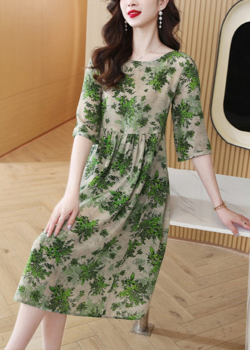 Slim Fit Green O-neck Print Wrinkled Silk Maxi Dress Half Sleeve