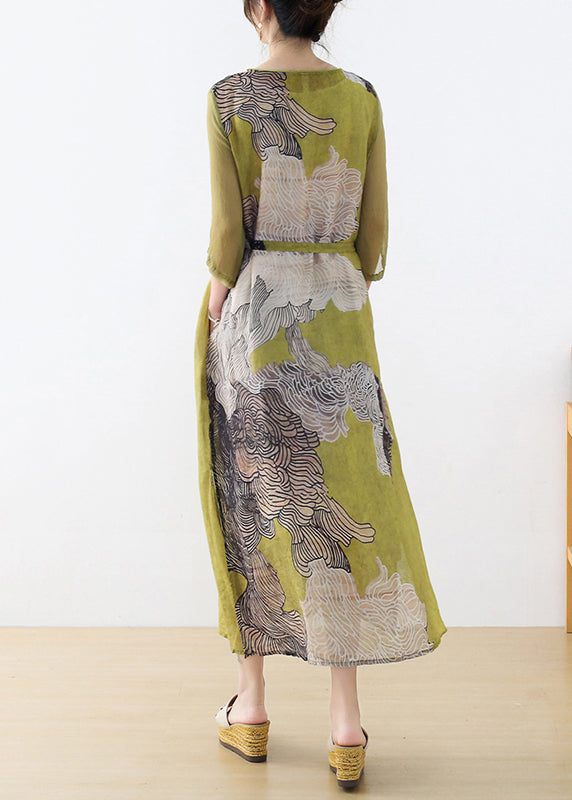 Slim Fit Green O-neck Side Open Tunic Print Linen Party Dress Half Sleeve