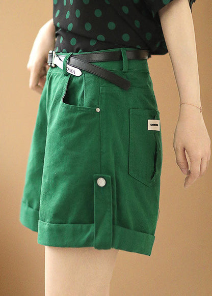 Slim Fit Green Color High Waist Pockets Sashes Cotton Shorts Summer