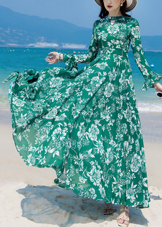 Slim Fit Green Turtleneck Print Chiffon Long Beach a Line Dresses Spring