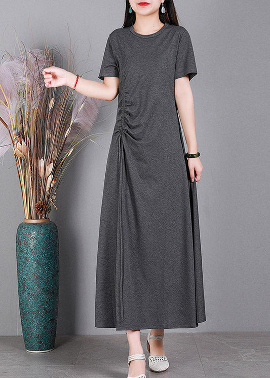 Slim Fit Grey O-neck Cotton Long Dresses Short Sleeve