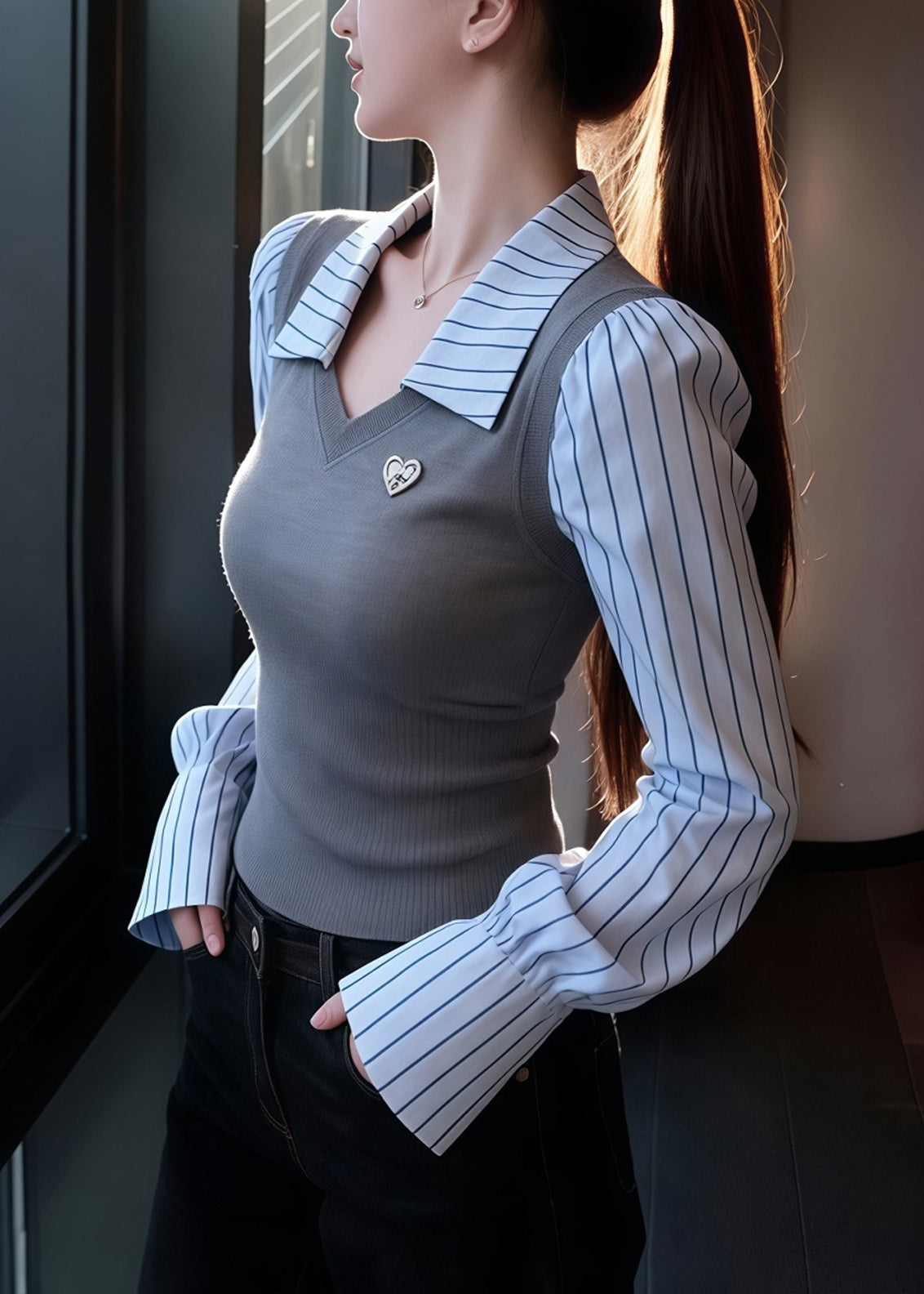 Slim Fit Grey Striped False Two Pieces Patchwork Knit Sweaters Winter