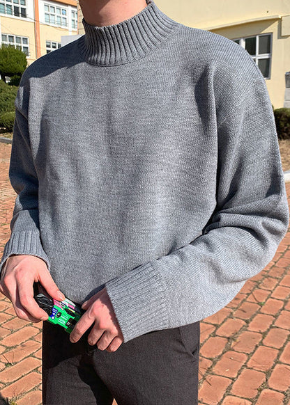 Slim Fit Grey Turtleneck Knit Sweater Tops Winter