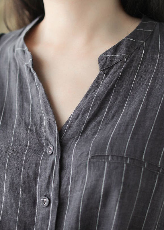 Slim Fit Grey V Neck Button Drawstring Striped Linen Dresses Short Sleeve