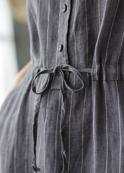 Slim Fit Grey V Neck Button Drawstring Striped Linen Dresses Short Sleeve