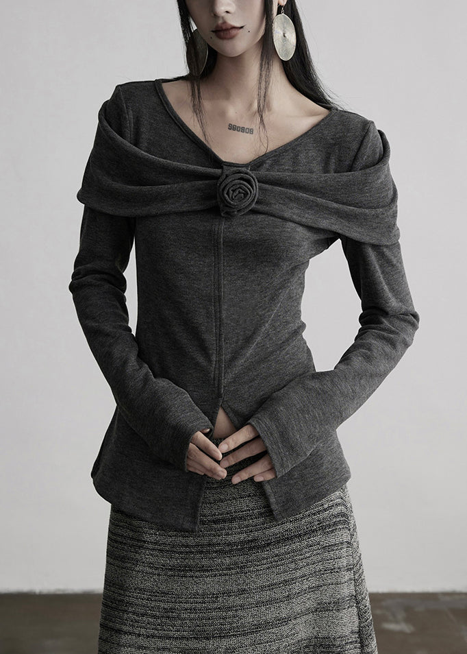 Slim Fit Grey V Neck Cotton T Shirts Tops Spring