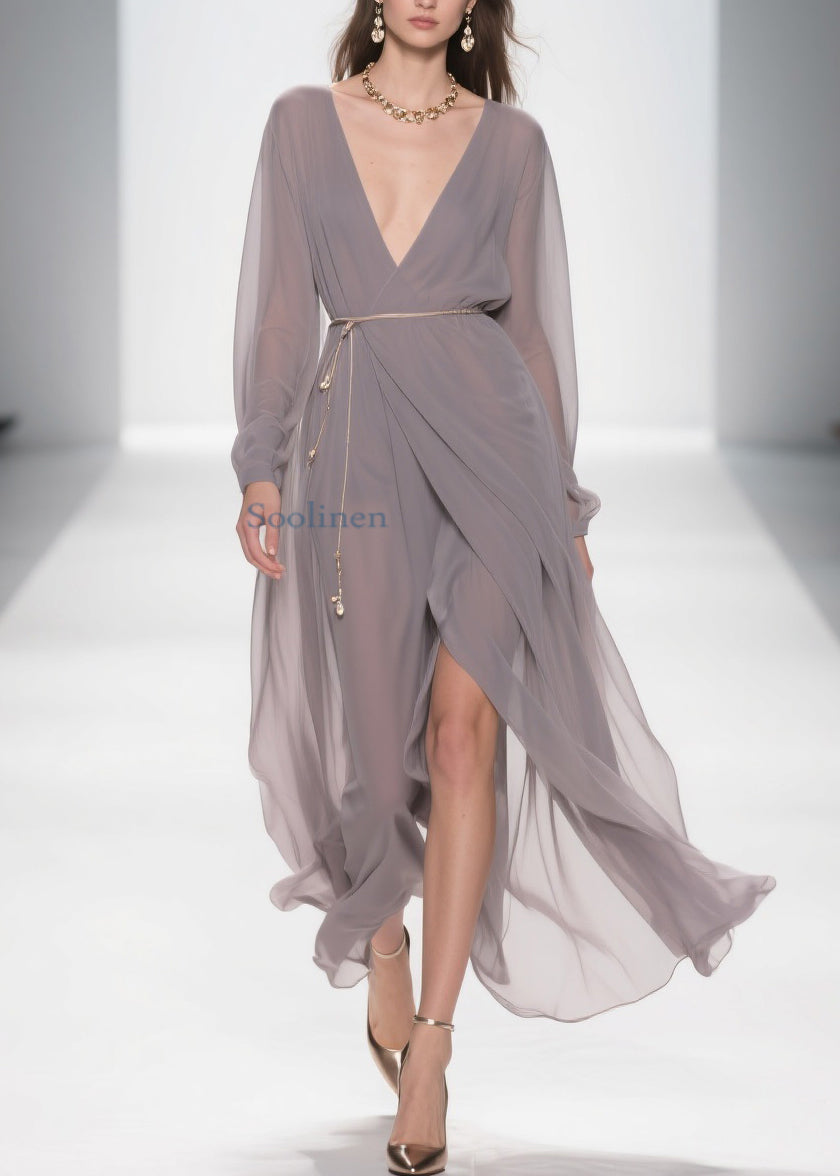 Slim Fit Grey V Neck Side Open Chiffon Long Dress