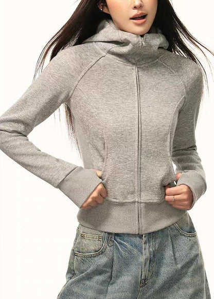 Slim Fit Grey Zip Up Pockets Cotton Hooded Coat Spring