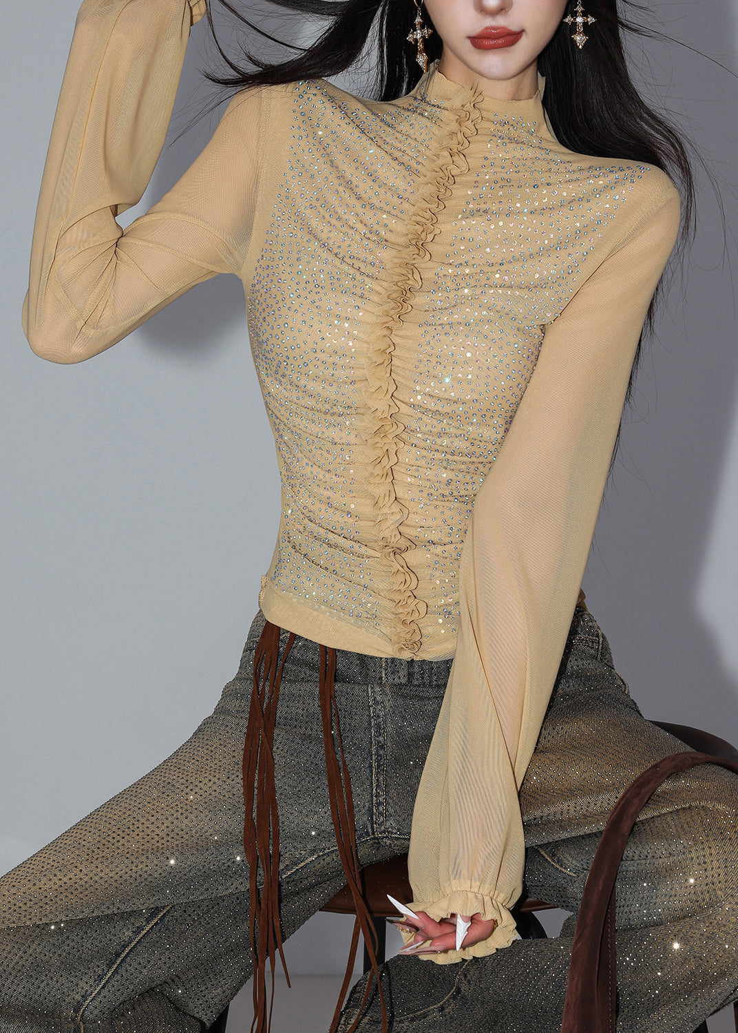 Slim Fit Light Khaki Turtleneck Sequins Patchwork Tulle Shirt Spring