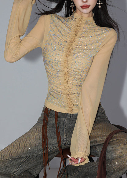 Slim Fit Light Khaki Turtleneck Sequins Patchwork Tulle Shirt Spring