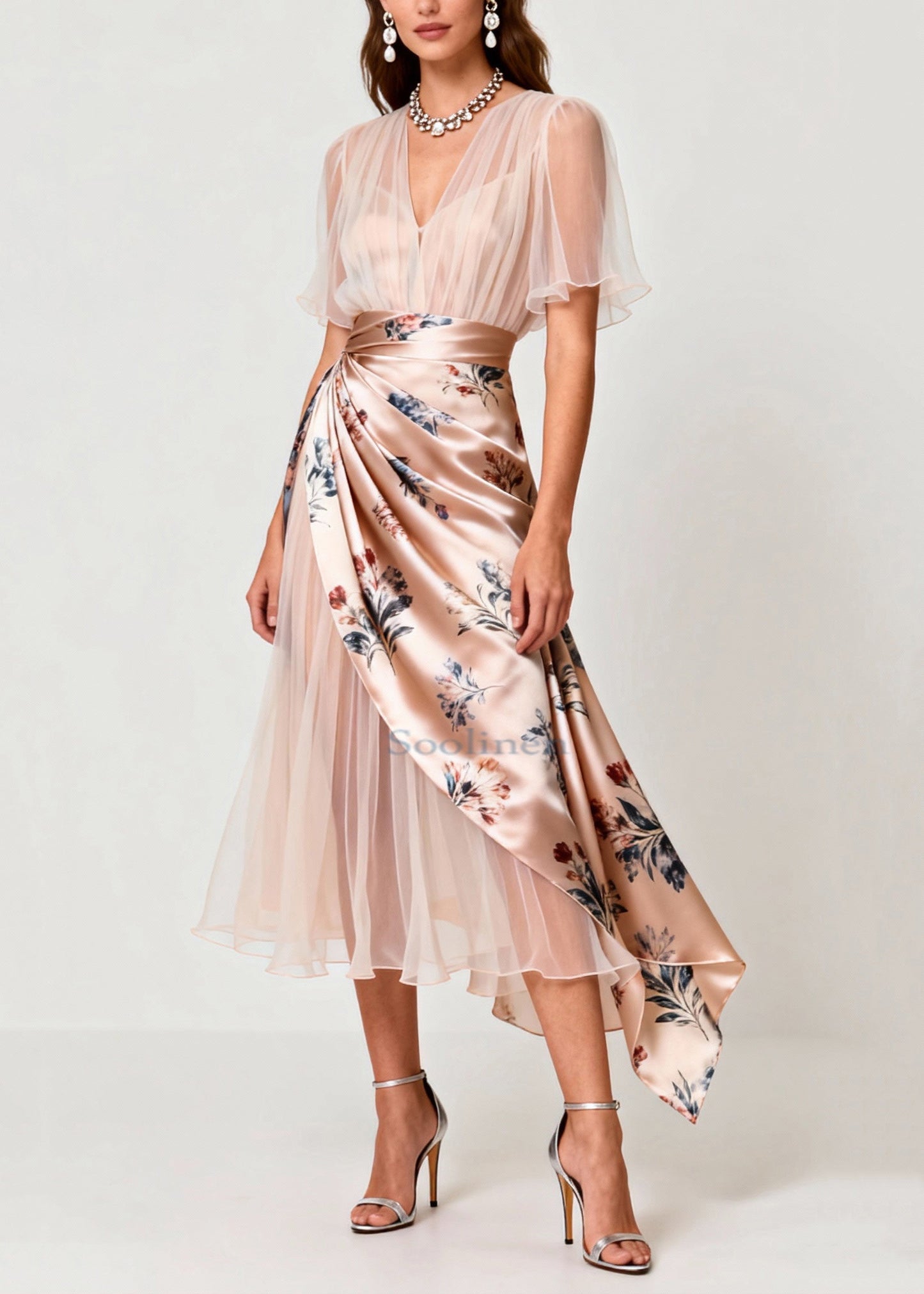 Slim Fit Light Pink V Neck Print Tulle Patchwork Dresses Summer