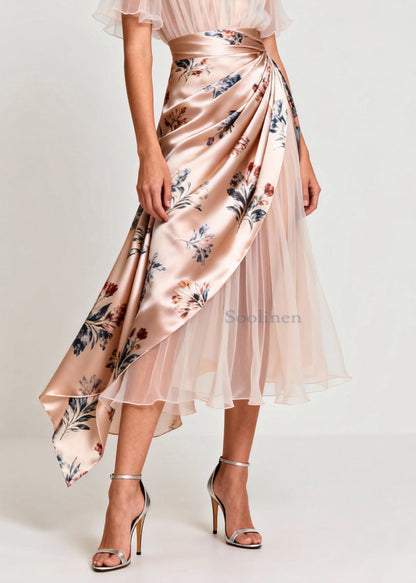 Slim Fit Light Pink V Neck Print Tulle Patchwork Dresses Summer