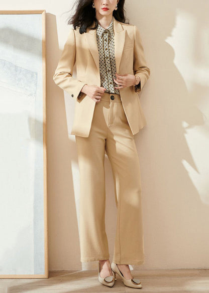 Slim Fit Light Yellow Notched Coat and Pants Spandex Two Pieces Set Fall