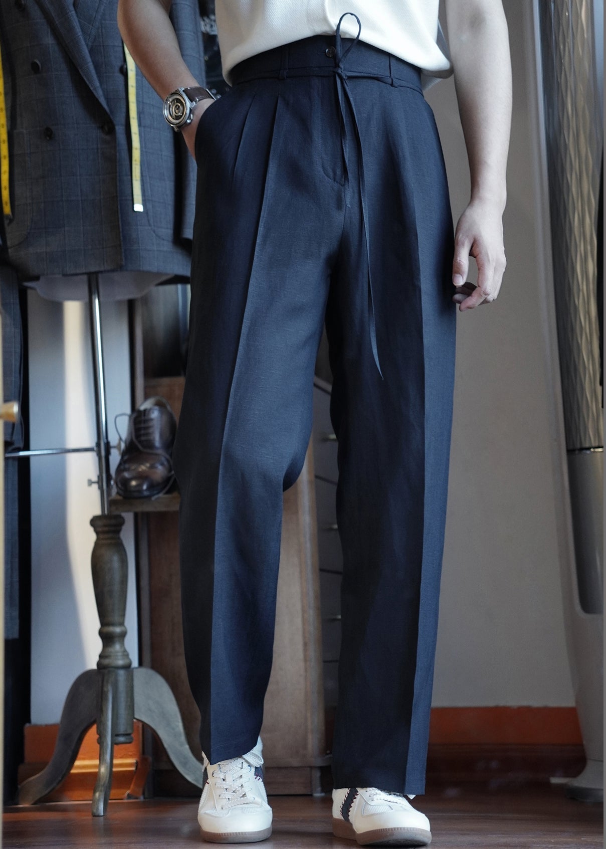 Slim Fit Navy Lace Up Pockets Elastic Waist Cotton Pants Fall