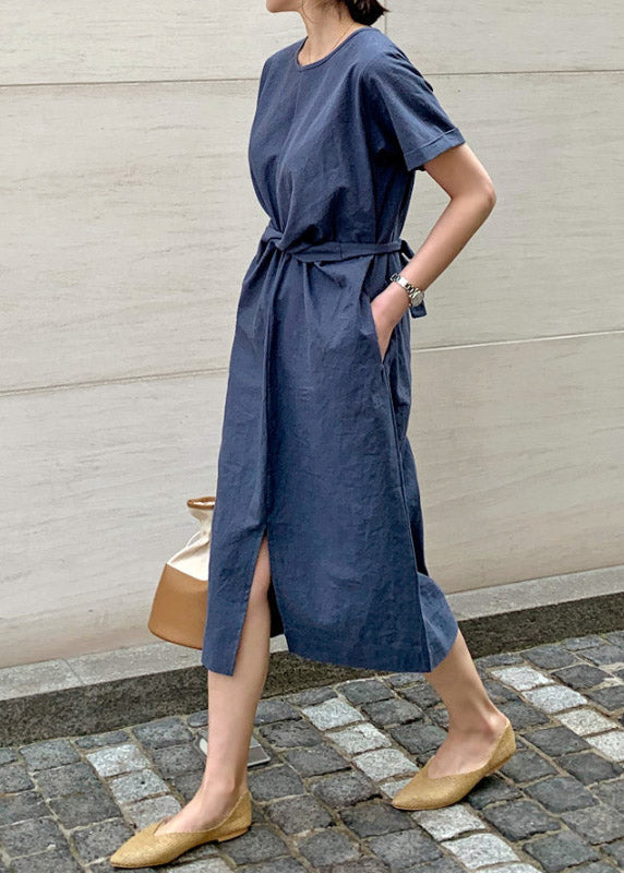 Slim Fit Navy O-neck Pockets Patchwork Dress Short Sleeve