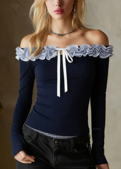 Slim Fit Navy Ruffled Patchwork Floral Top Spring
