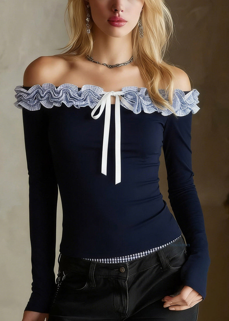Slim Fit Navy Ruffled Patchwork Top Spring
