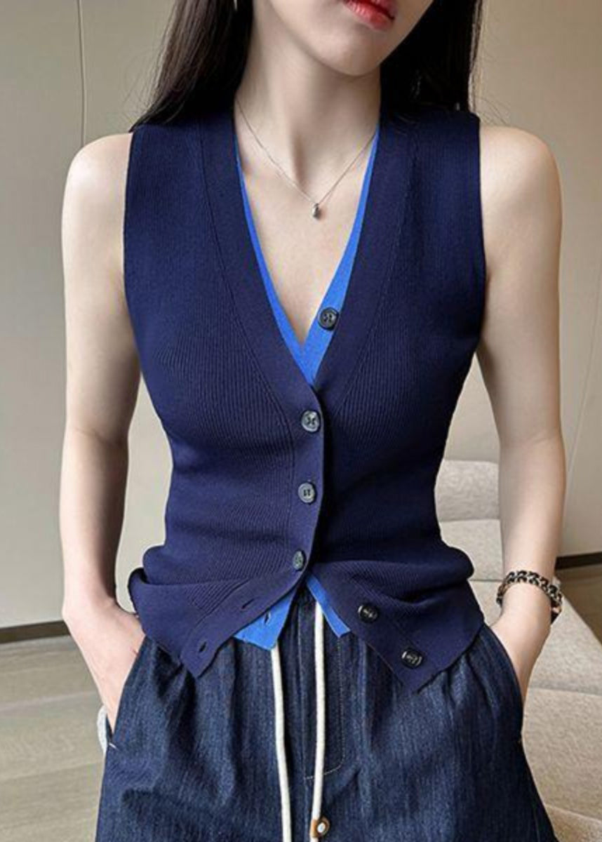 Slim Fit Navy V Neck Button False Two Pieces Knit Vest Sleeveless