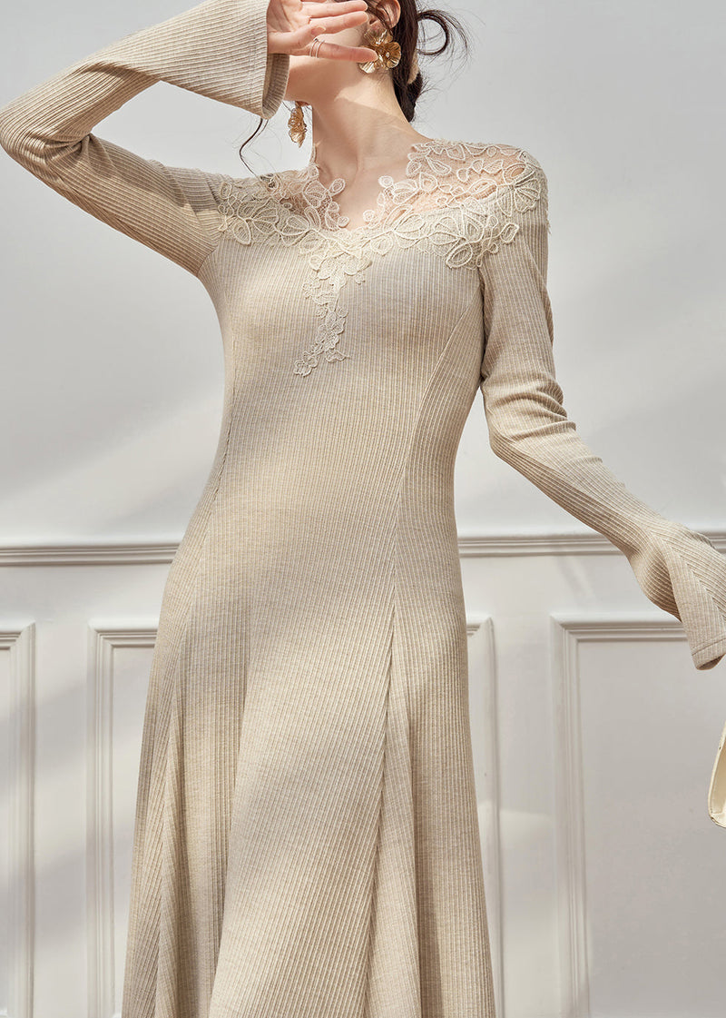 Slim Fit Oatmeal Lace Patchwork Knit Maxi Dresses Flare Sleeve