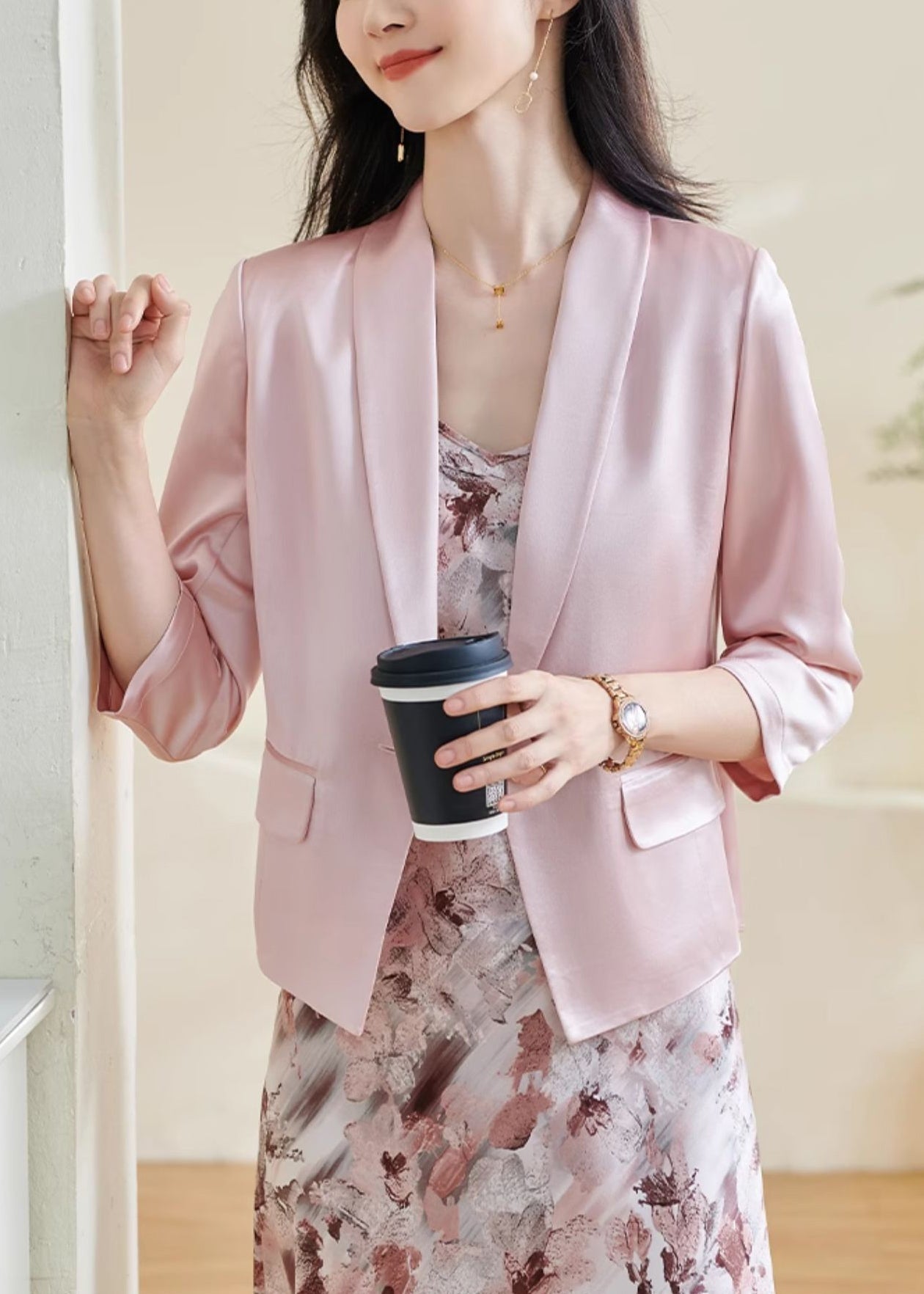 Slim Fit Pink Button Silk Coats Bracelet Sleeve