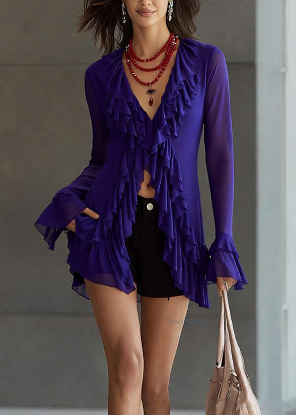 Slim Fit Purple V Neck Ruffled Tulle Top Flare Sleeve