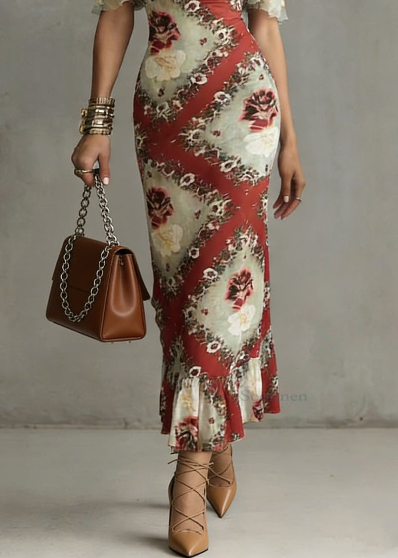 Slim Fit Red Slash Neck Print Ruffled Long Dresses Summer