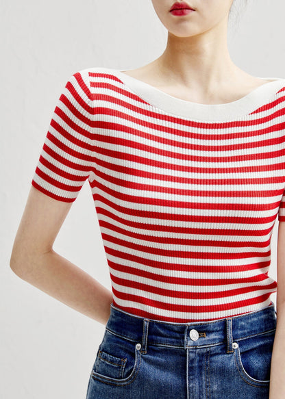 Slim Fit Red Striped O-neck Silk Knit T Shirts Sleeve