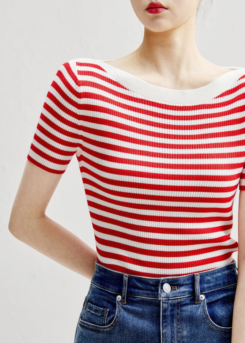 Slim Fit Red Striped O-neck Silk Knit T Shirts Sleeve