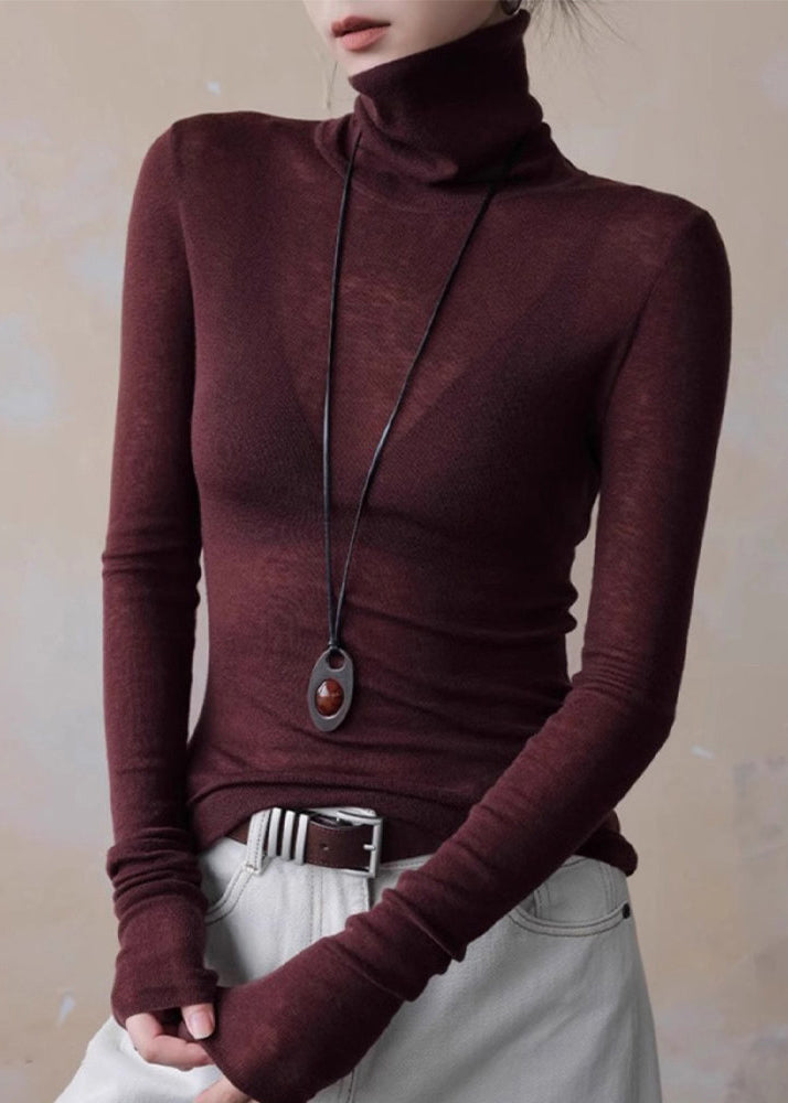 Slim Fit Red Turtlene Solid Knit Top Spring