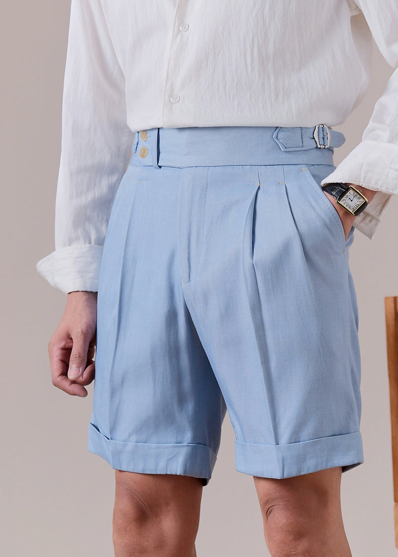 Slim Fit Sky Blue Pockets High Waist Cotton Shorts Summer