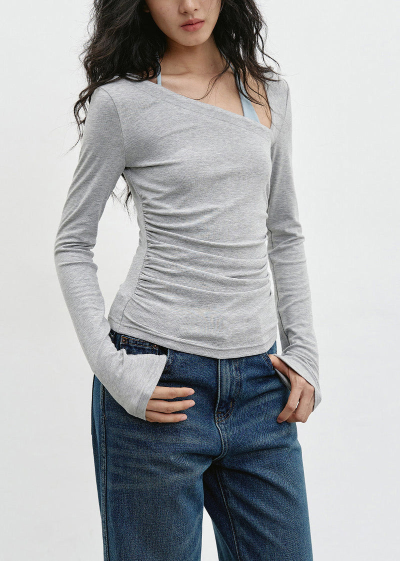 Slim Fit Slanted Shoulder Grey Long Sleeved T-shirt Spring