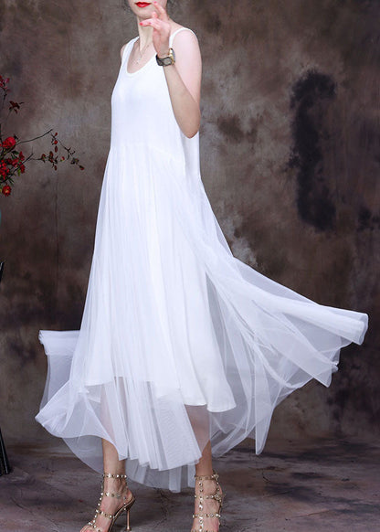 Slim Fit White O-neck Tulle Patchwork Cotton Spaghetti Strap Dress Sleeveless