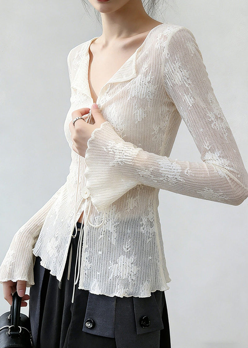 Slim Fit White Embroidered Lace Up Thin Shirts Flare Sleeve