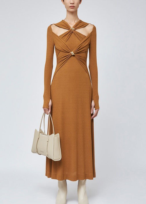 Slim Fit White Hollow Out Knitting Cotton Long Dresses Fall