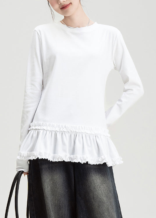 Slim Fit White O Neck Ruffled Cotton T Shirt Spring