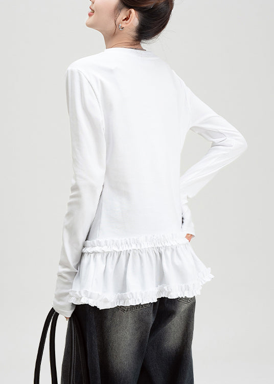 Slim Fit White O Neck Ruffled Cotton T Shirt Spring