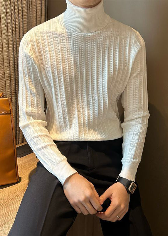Slim Fit White Turtleneck Striped Knit Sweaters Winter