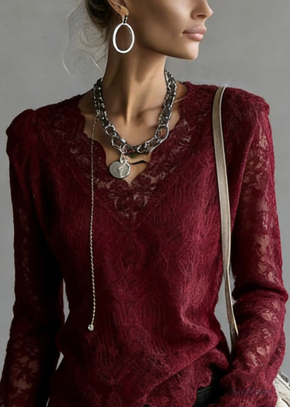 Slim Fit Wine Red V Neck Solid Top Flare Sleeve