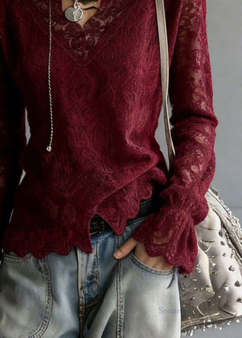 Slim Fit Wine Red V Neck Top Flare Sleeve