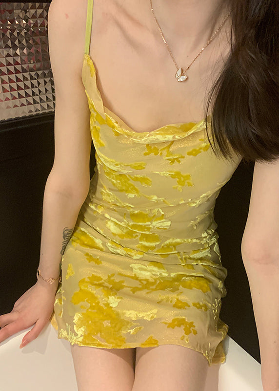 Slim Fit Yellow O Neck Silk Spaghetti Strap Dress Sleeveless