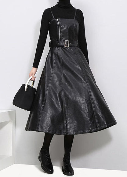 Slim Fit Tie Waist Black Faux Leather Spaghetti Strap Dresses Spring