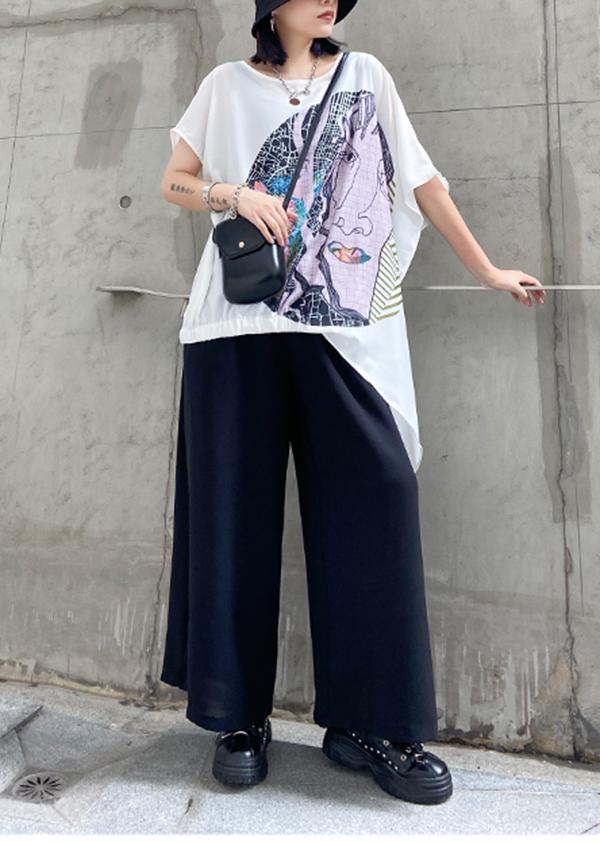 Slim Summer Large Size Printed T-shirt + Wide-leg Pants Two-piece Suit