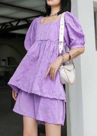 Slimming Suit New Large Size Bubble Sleeve Purple Shirt Shorts Two-piece Suit