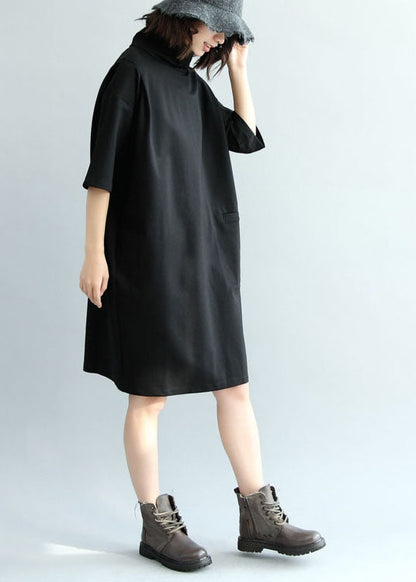 Black Cotton Dress High Neck Half Sleeve