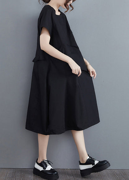 Black Pockets Vacation Dresses Wrinkled Short Sleeve