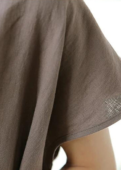 Button Lapel Ruched Short Sleeve Maxi Shirt Dress Coffee