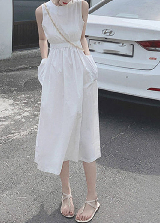 Button Pocket Drawstring Show Waist Sleeveless Maxi Dress