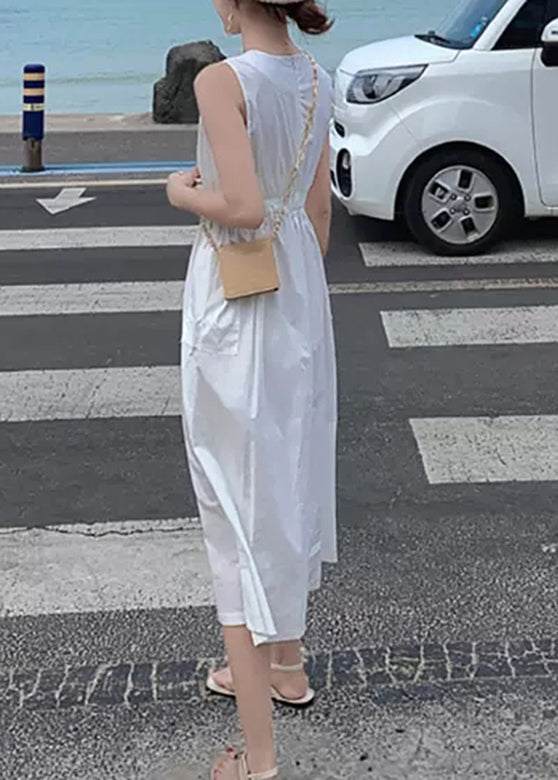 Button Pocket Drawstring Show Waist Sleeveless Maxi Dress